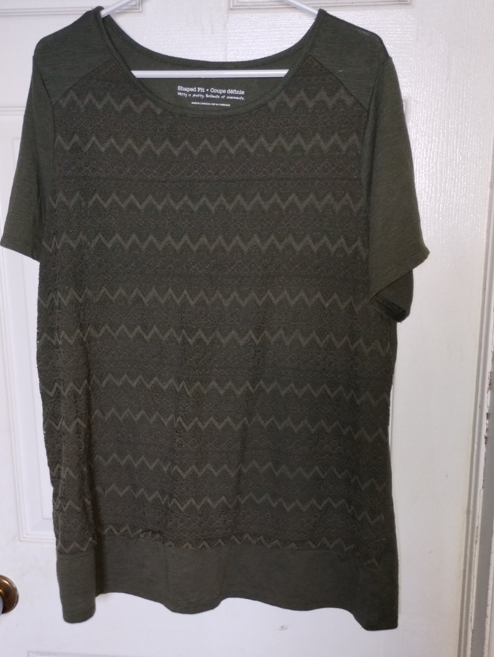 Penningtons Olive Green Crochet Chevron Tee - Shaped Fit Plus Size. Size 1X